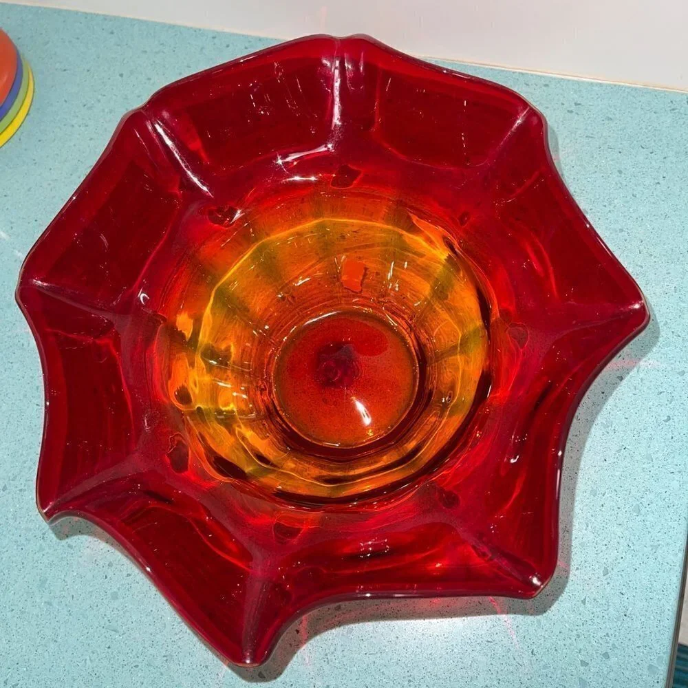 Blenko Vintage Amberina Ruffle Bowl Red Size Large Mid Century Modern MCM Orange